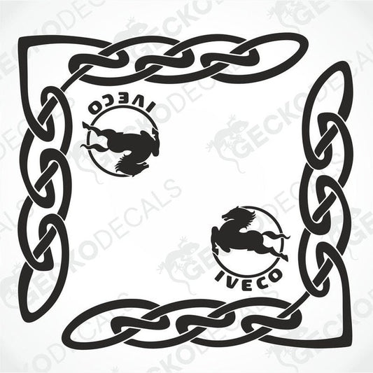 IVECO side window die-cut decals with Celtic knot border and rearing horse logo
