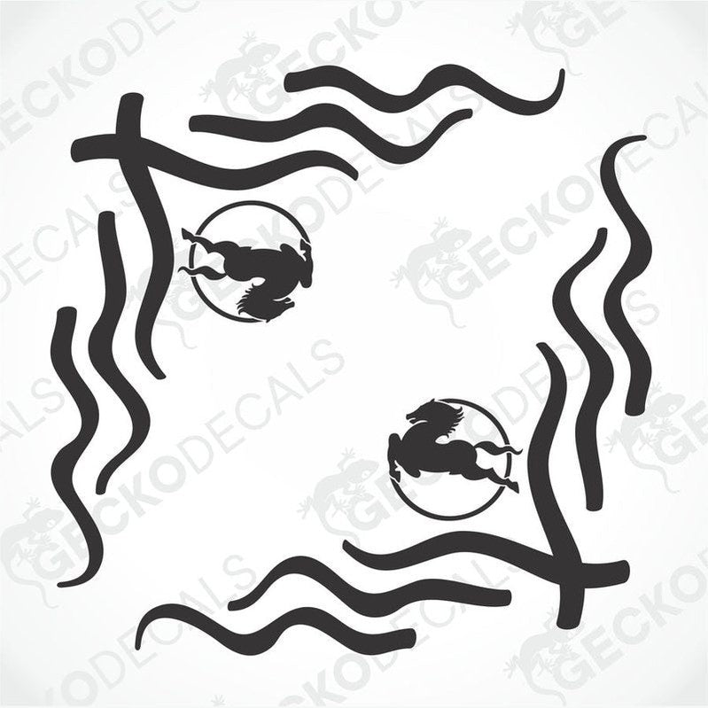 A set of two black die cut decals for IVECO side window decoration, featuring a design with wavy lines and circular elements.