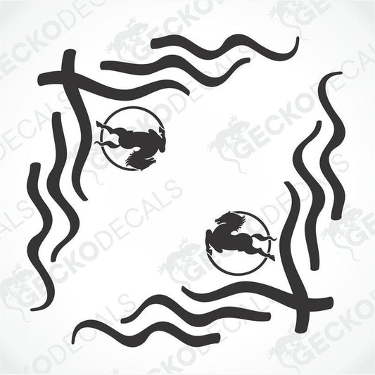 A set of two black die cut decals for IVECO side window decoration, featuring a design with wavy lines and circular elements.