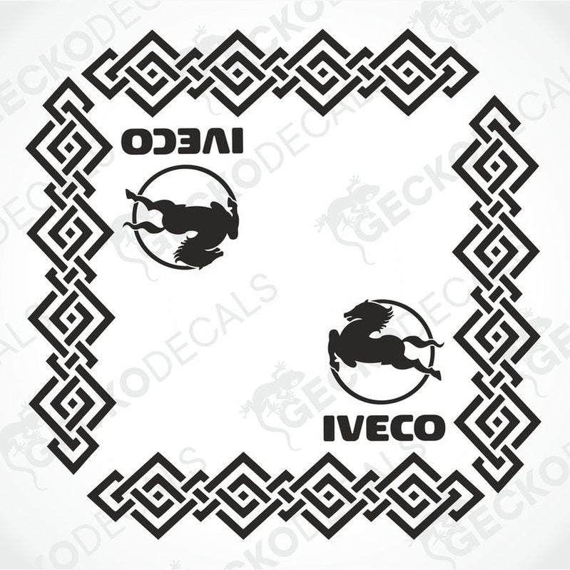 Black IVECO side window decal set with tribal horse logo and geometric border