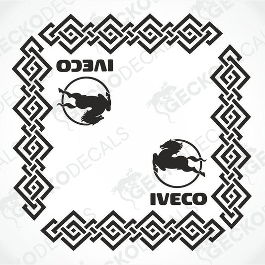 Black IVECO side window decal set with tribal horse logo and geometric border