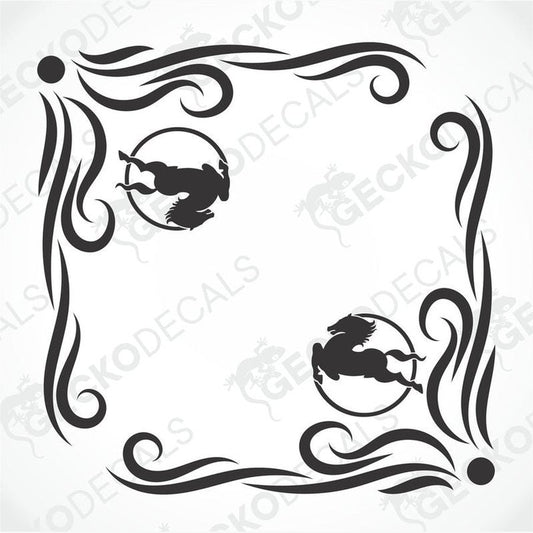 A black and white image of a die cut decal with a floral pattern and animal silhouettes intended for use as IVECO side window decals.
