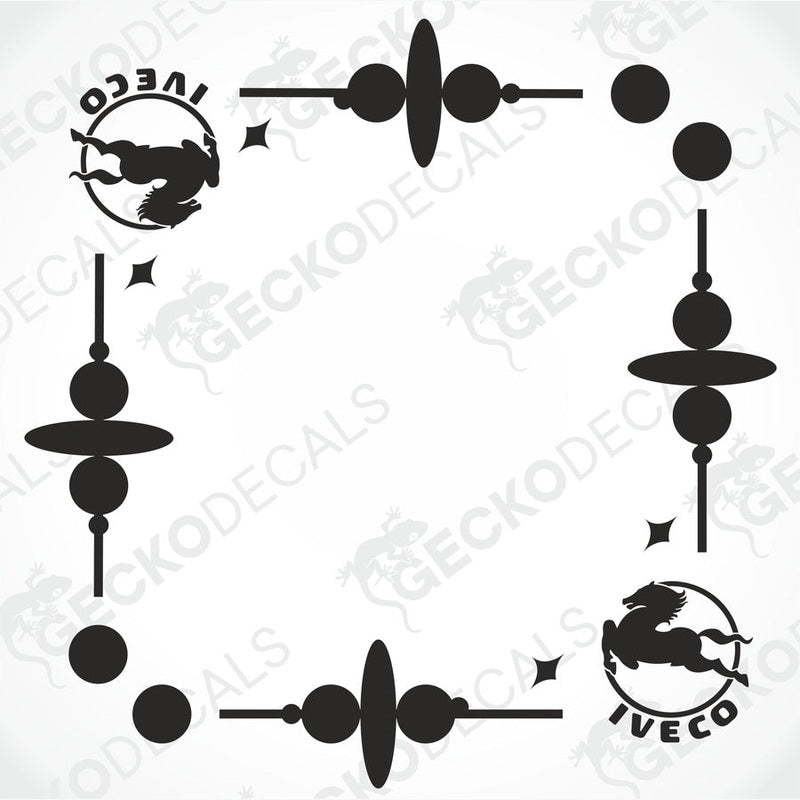 A set of two black decals for IVECO side windows, one with a bird design and the other with a logo.