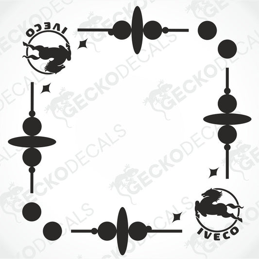 A set of two black decals for IVECO side windows, one with a bird design and the other with a logo.
