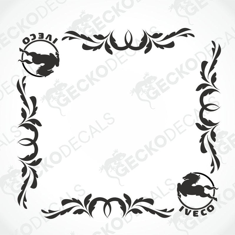 A set of die-cut IVECO side window decals featuring a floral wreath design around the edges, with the IVECO logo in the center.