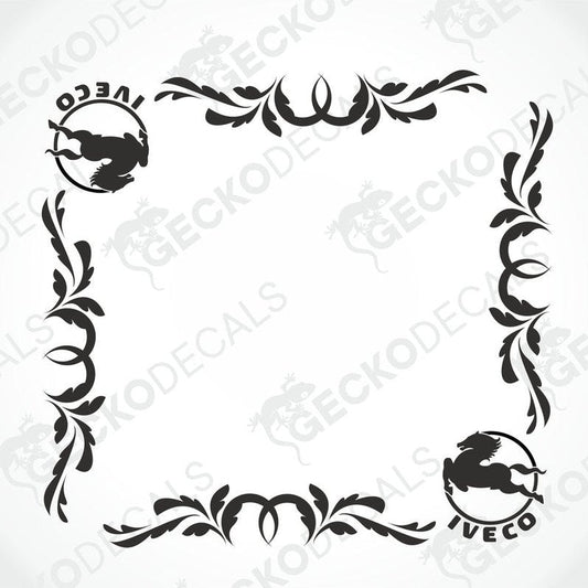 A set of die-cut IVECO side window decals featuring a floral wreath design around the edges, with the IVECO logo in the center.