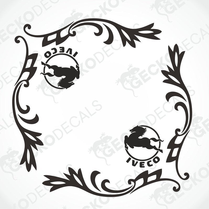 A pair of black side window decals with a floral and brand logo design, intended for use on a vehicle such as an IVECO truck.