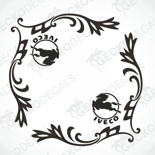 A pair of black side window decals with a floral and brand logo design, intended for use on a vehicle such as an IVECO truck.