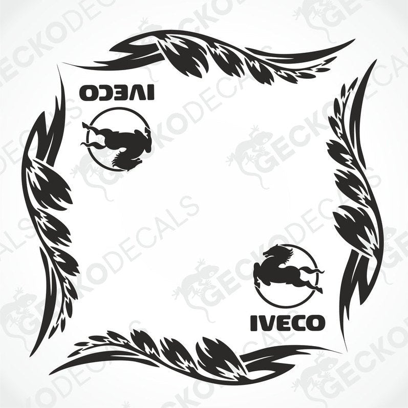 Black IVECO side window decals with tribal leaf border on transfer paper