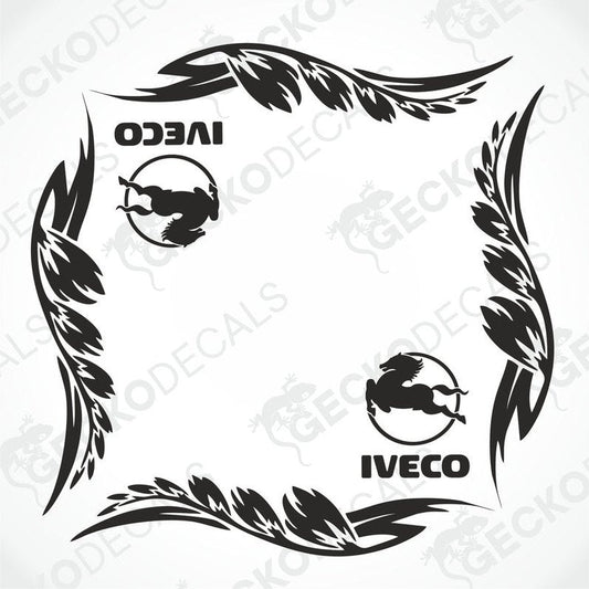 Black IVECO side window decals with tribal leaf border on transfer paper