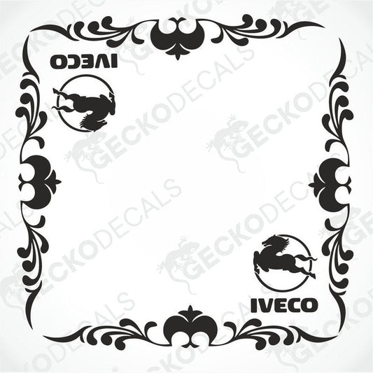 IVECO side window decal with ornate floral border and horse emblem on transfer paper