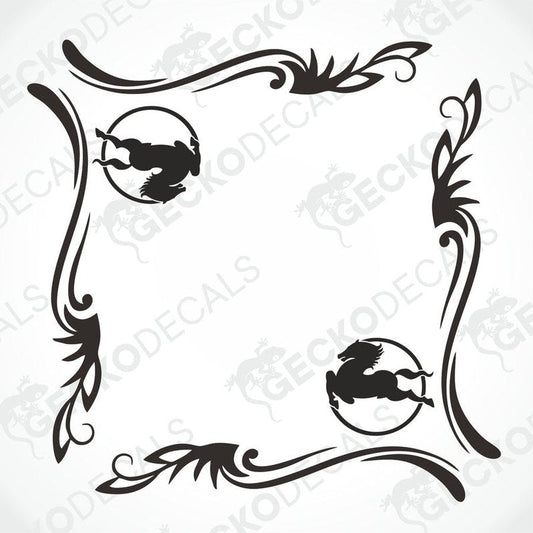 A black and white image of a die cut decal with a floral pattern and animal silhouettes intended for use on IVECO side windows.
