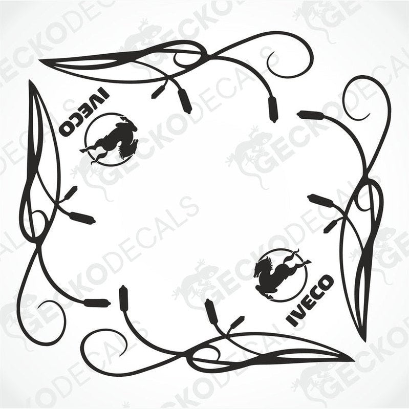 A set of two black die cut stickers with the IVECO brand logo and designs around them, intended for use on side windows of trucks.