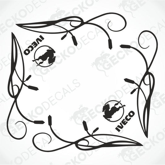 A set of two black die cut stickers with the IVECO brand logo and designs around them, intended for use on side windows of trucks.