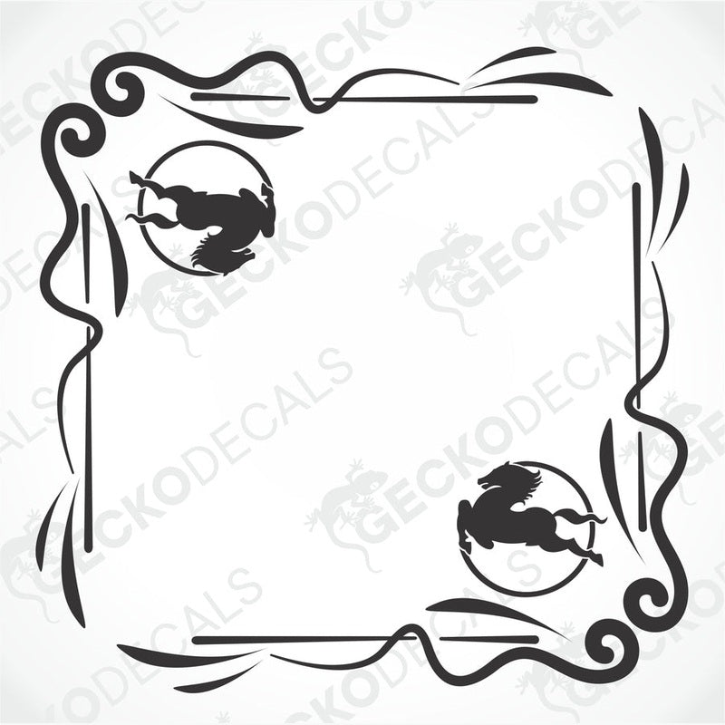 A set of two black and white die cut stickers for side windows, with decorative flourishes around the edges.