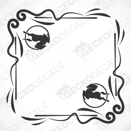 A set of two black and white die cut stickers for side windows, with decorative flourishes around the edges.