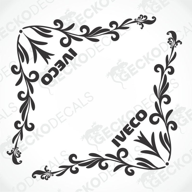 A pair of black and white floral patterned decals for IVECO side windows, designed for use on vehicles.
