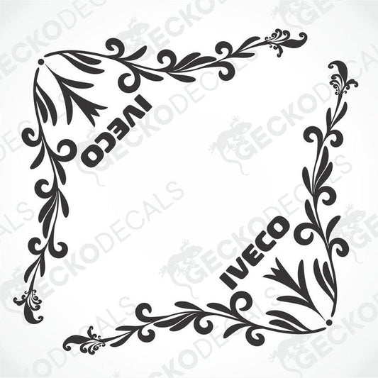 A pair of black and white floral patterned decals for IVECO side windows, designed for use on vehicles.