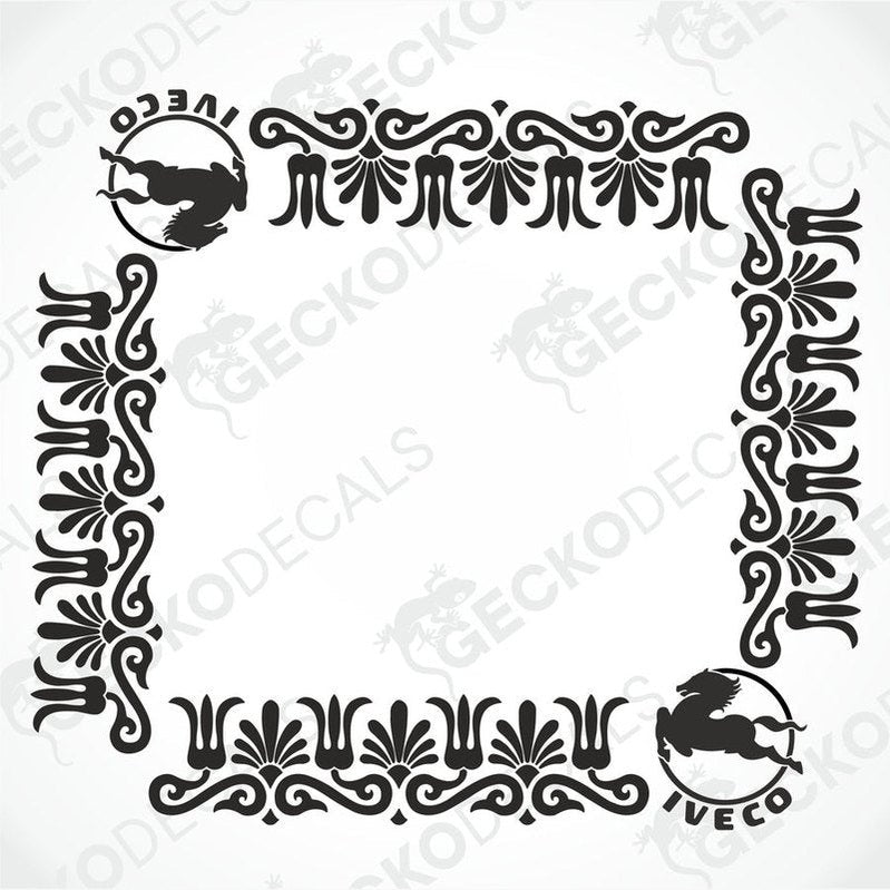A black and white image of a die cut decal with ornamental designs and the IVECO logo.