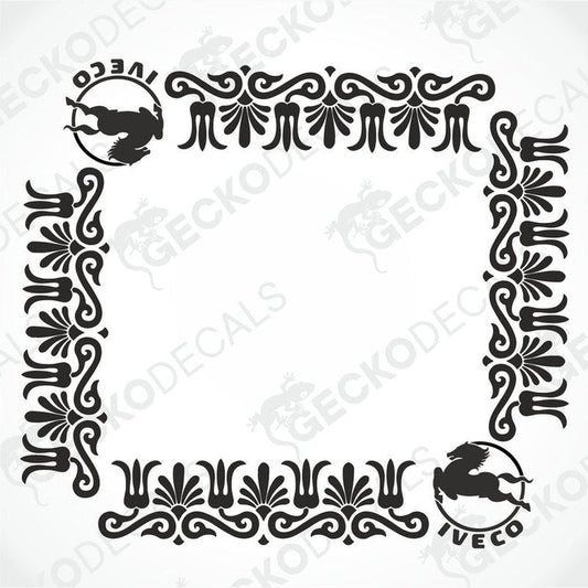 A black and white image of a die cut decal with ornamental designs and the IVECO logo.