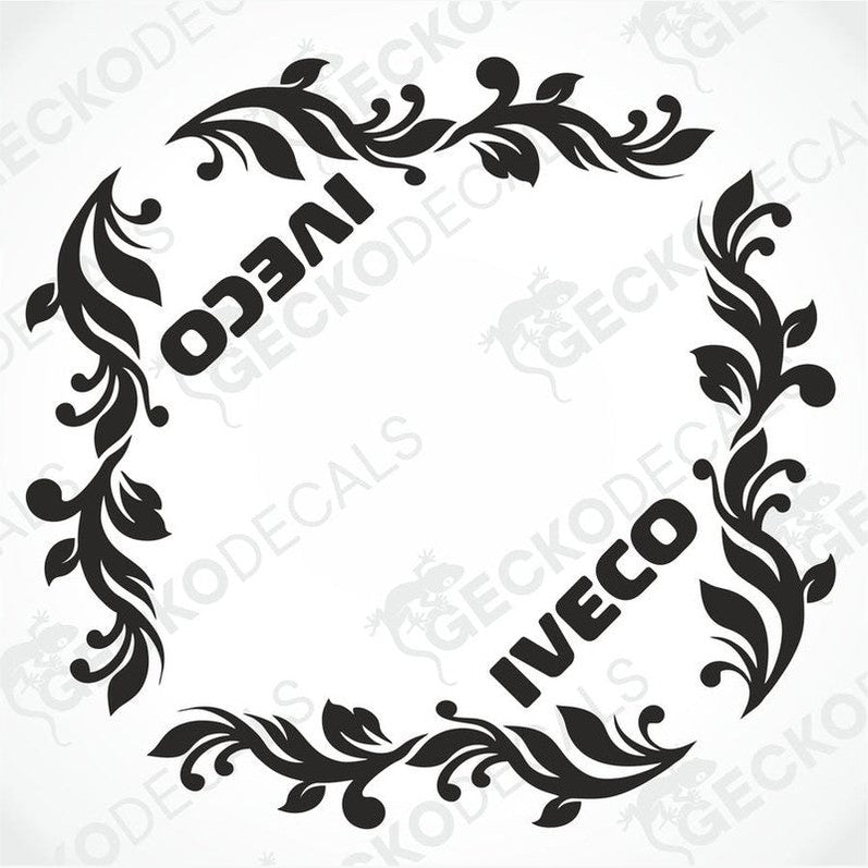 A black and white circular decal with floral patterns and the word 'IVECO' in the center.