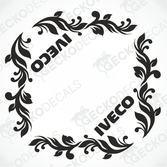 A black and white circular decal with floral patterns and the word 'IVECO' in the center.