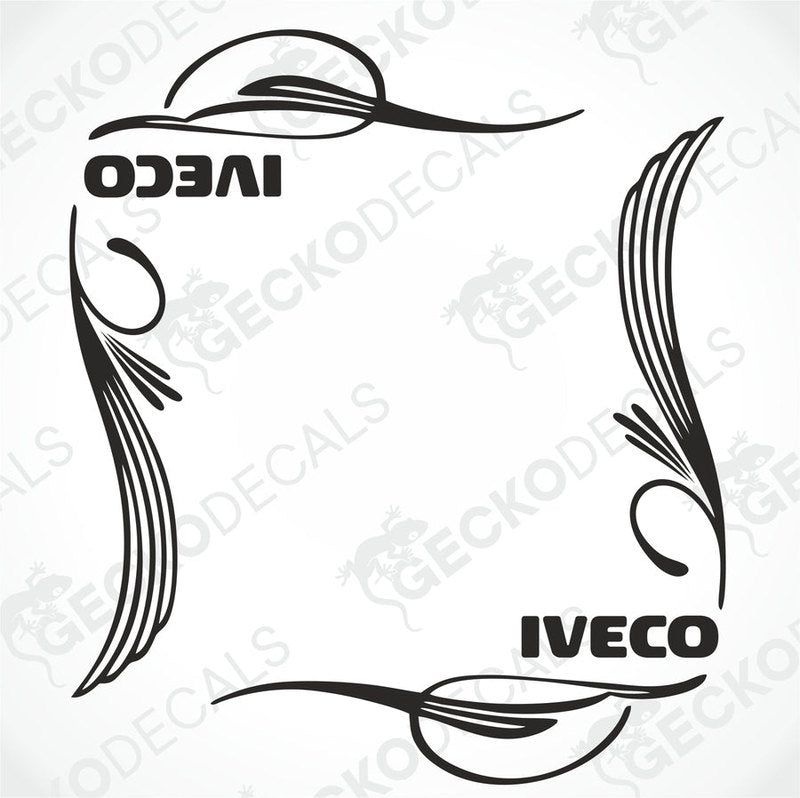 A set of two black and white vehicle side window decals with the word 'IVECO' and some decorative elements.