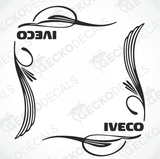 A set of two black and white vehicle side window decals with the word 'IVECO' and some decorative elements.