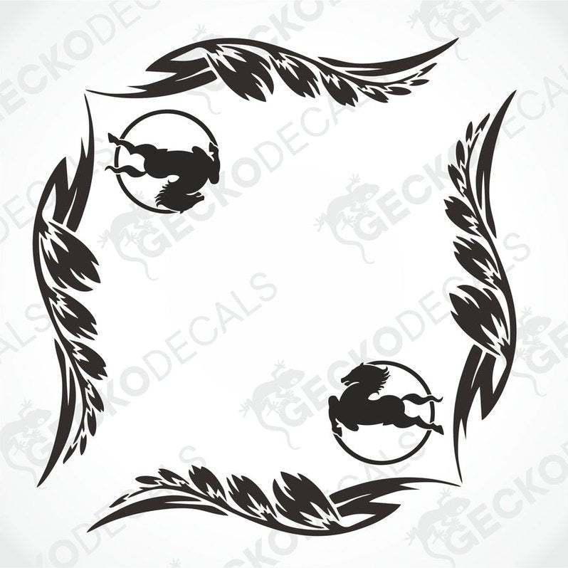 A pair of die cut black and white decals for IVECO side window decoration, featuring leaf patterns and horse silhouettes.