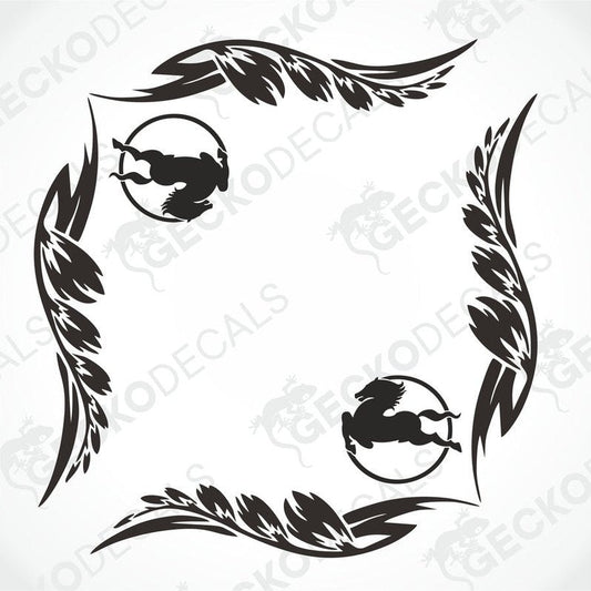 A pair of die cut black and white decals for IVECO side window decoration, featuring leaf patterns and horse silhouettes.