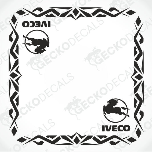 IVECO side window die cut decals on transfer paper with horse logo and geometric border