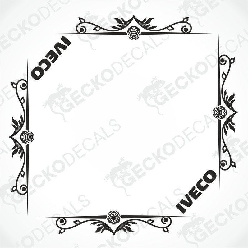 A black and white decal with a floral design and the word 'IVECO' on it.