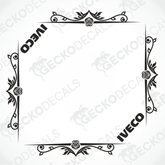A black and white decal with a floral design and the word 'IVECO' on it.