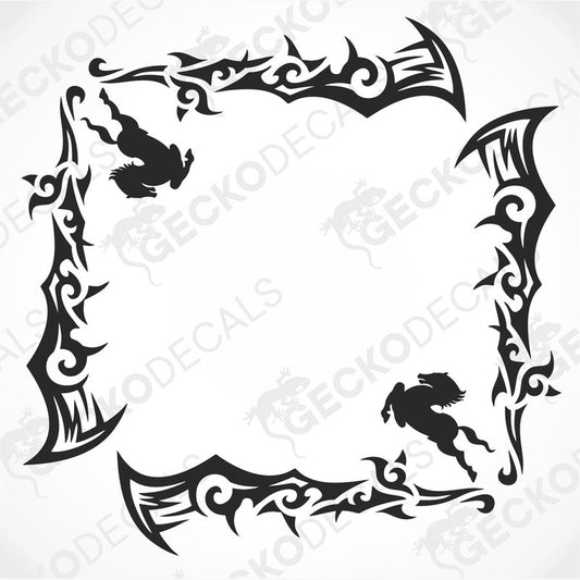 A set of two black die cut decals with a tribal pattern design for vehicle windows, intended for both interior and exterior use.