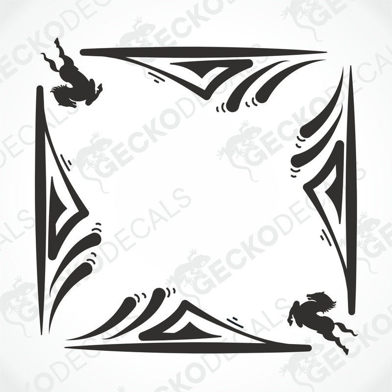 A set of die cut black side window decals with a geometric pattern and images of horses, intended for use on an IVECO vehicle.
