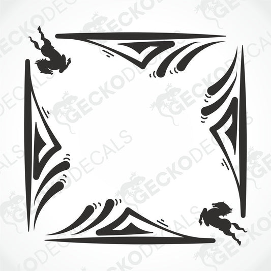 A set of die cut black side window decals with a geometric pattern and images of horses, intended for use on an IVECO vehicle.