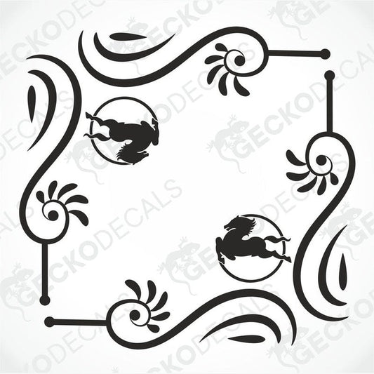 A black and white image of a die cut decal with a floral pattern and animal silhouettes intended for use on IVECO side windows.