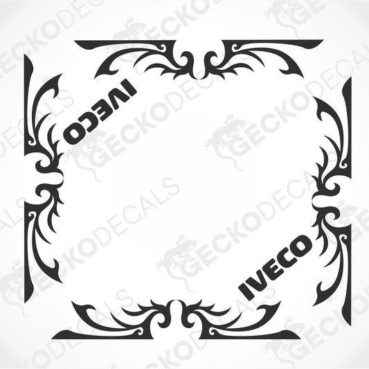 A pair of die cut black side window decals with the brand name IVECO, designed for use on vehicles.