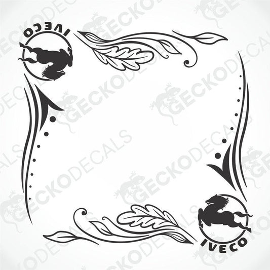 A pair of black and white IVECO side window decals with decorative elements and the brand logo.