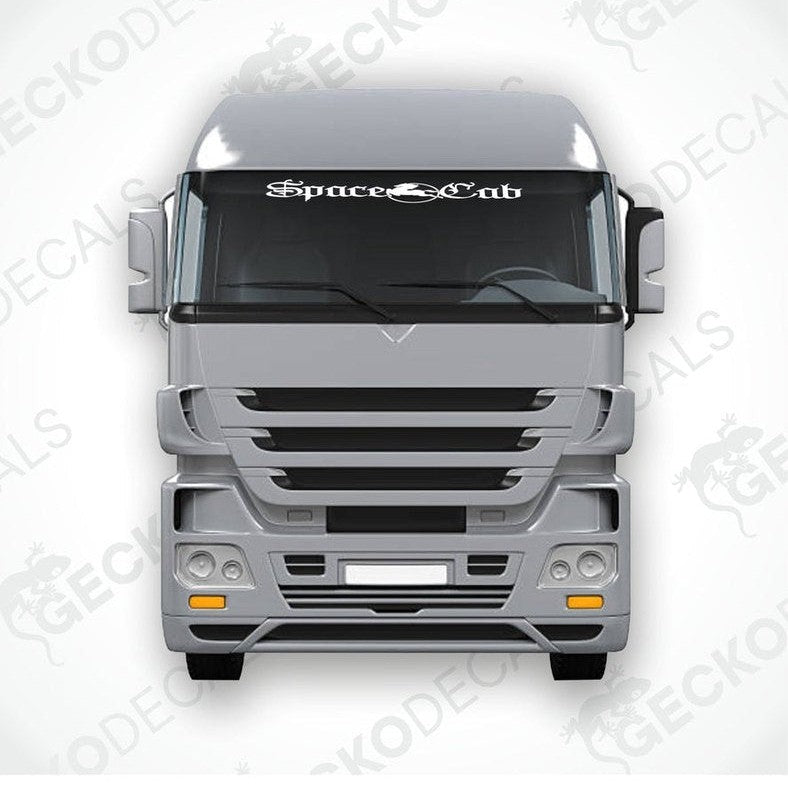 A front view of an IVECO SPACE CAB truck with a die cut decal on the windscreen reading 'Space Cab'.