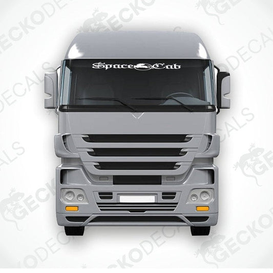 A front view of an IVECO SPACE CAB truck with a die cut decal on the windscreen reading 'Space Cab'.