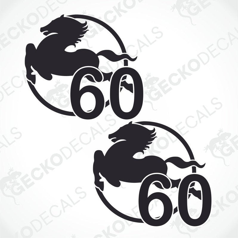 Two black and white die cut stickers with a speed limit IVECO 60' design and a horse silhouette, intended for use on vehicles.