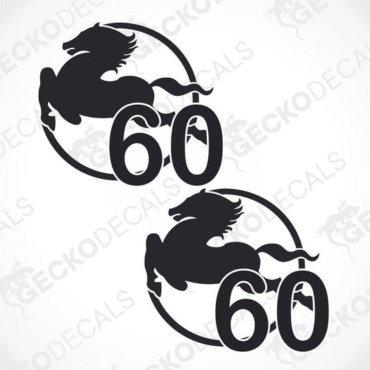 Two black and white die cut stickers with a speed limit IVECO 60' design and a horse silhouette, intended for use on vehicles.