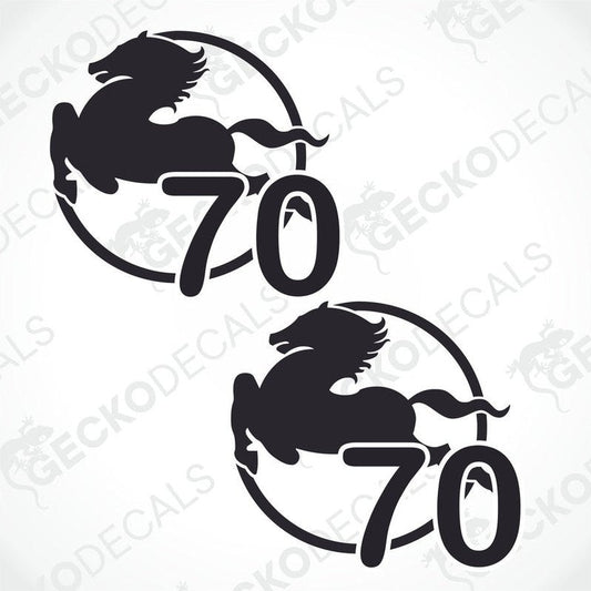 Two black and white die cut stickers with a speed limit IVECO 70' design and a horse silhouette, intended for use on vehicles.