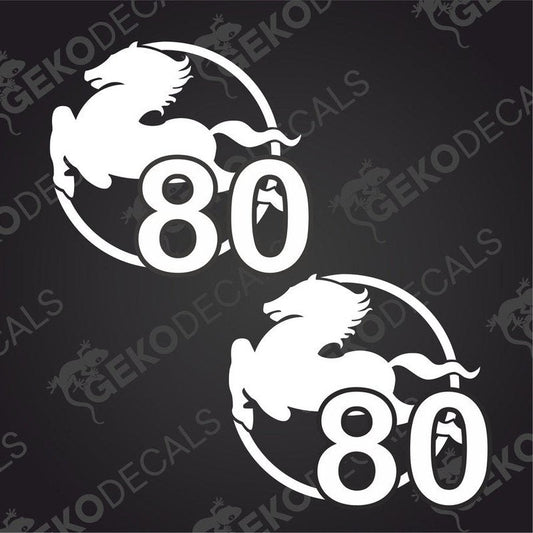 Two white die cut decals with a horse silhouette and the number IVECO 80, designed for use on vehicles.
