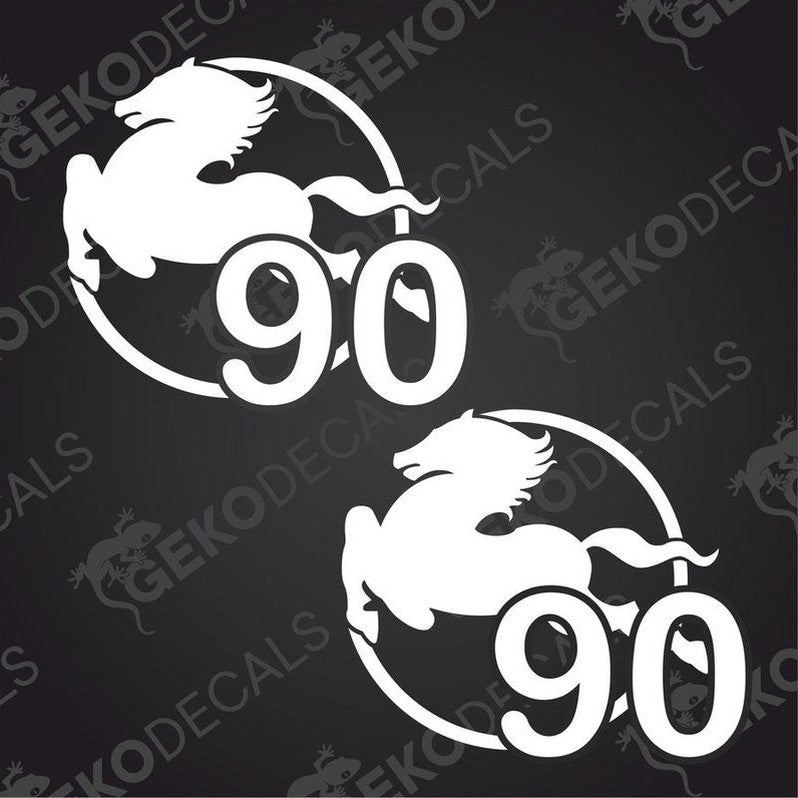 Two white die cut decals with a horse silhouette and the number IVECO 90, designed for use on vehicles.