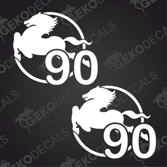 Two white die cut decals with a horse silhouette and the number IVECO 90, designed for use on vehicles.
