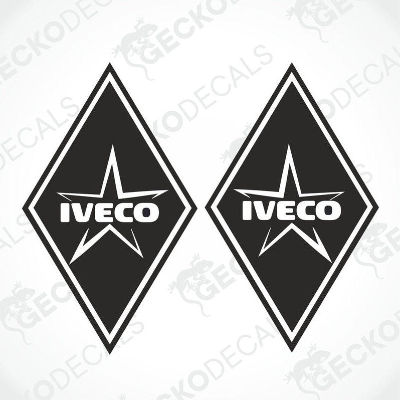 Two black and white geometric shaped stickers with the IVECO brand logo and a diamond pattern.