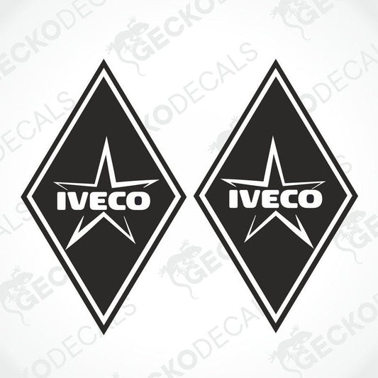Two black and white geometric shaped stickers with the IVECO brand logo and a diamond pattern.