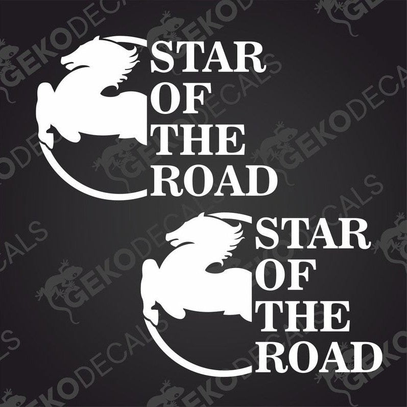 Two white stickers with the text 'STAR OF THE ROAD' and an image of a truck on each.